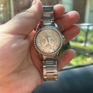 Fossil Silver Tone Crystal Accent Watch